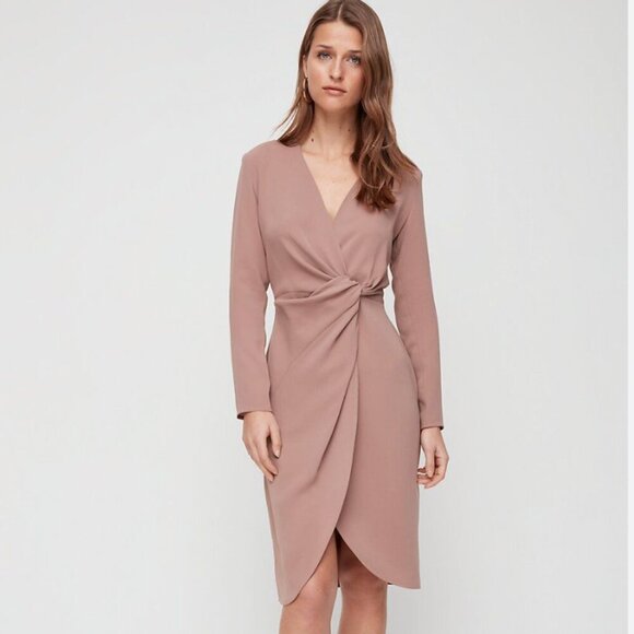 Aritzia Babaton Twist Front Long Sleeve Dress Beige Taupe Size Small - Picture 1 of 6